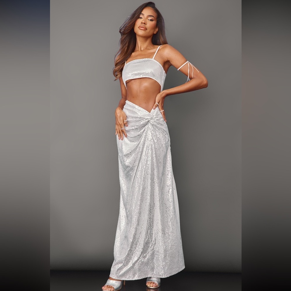 PRETTYLITTLETHING Silver Sequin Women's Strappy Cutout Knot Skirt Maxi Dress